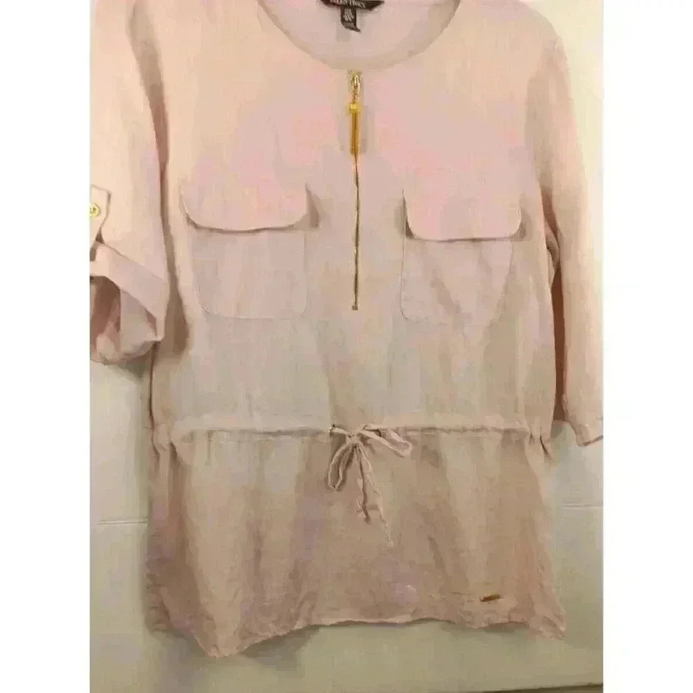 Ellen Tracy Tops SZ Medim 100% Linen Pale Pink Tunic Roll‎ Sleeve Gold Trim